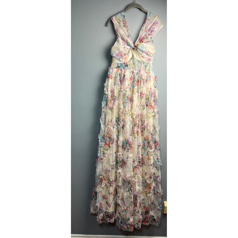 Faeriesty Floral Mesh Ruffle Maxi Dress Fairycore Cottagecore Formal Gown Small